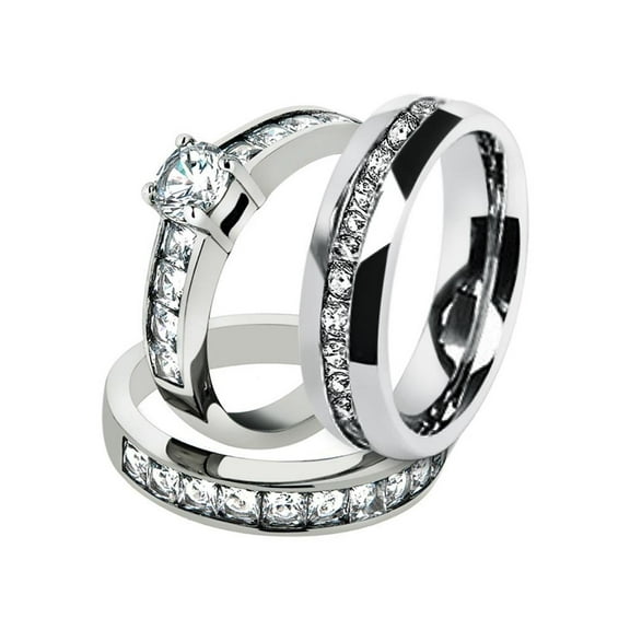 His and Hers Stainless Steel 3.25 Ct Cz Bridal Set and Men's Eternity Wedding Band Women's Size 10 Men's 06mm Size 06
