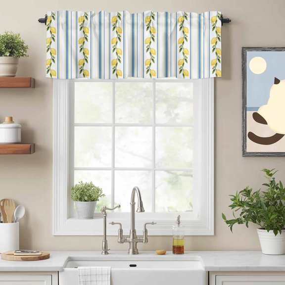 Curtain Valances for Kitchen Windows,Summer Lemon Leaves Rod Pocket Valances Short Curtains Blue Yellow Striped Window Treatment for Living Room Bathroom Bedroom Decor,42x12in