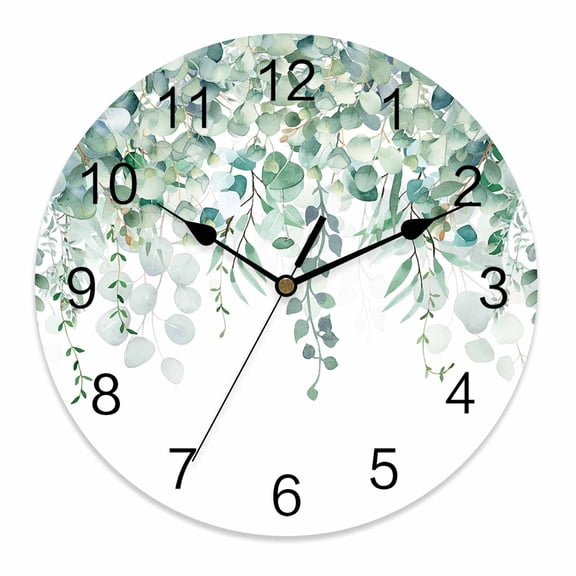 Silent Wall Clocks Battery Operated, Sage Green Eucalyptus Round Decorative Wall Clock for Living Room Bedroom Kitchen Bathroom Classroom Decor, 14 Inch Rustic Watercolor Leaves Floral