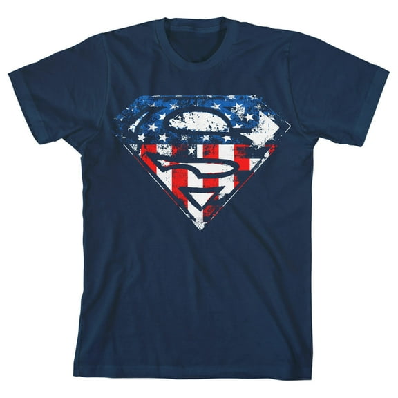 DC Comic Youth Boys Superman Americana Symbol Navy Blue Graphic T-Shirt-Medium