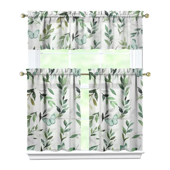 Farmhouse Bohemian Curtains 36 Inch Short - 3 Panel Floral Vintage Set with Rustic Botanicals, Rod Pocket
