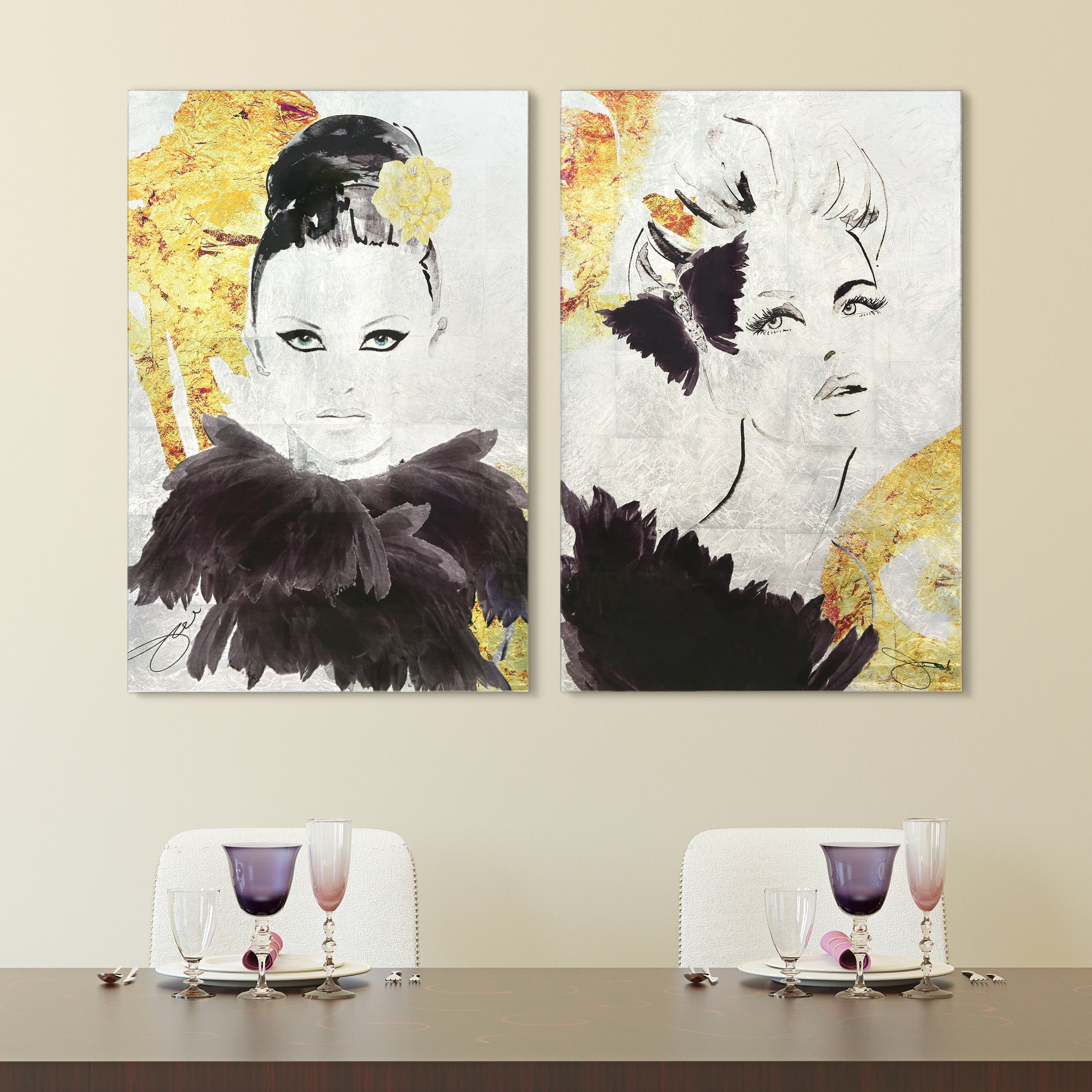 Gold Woman 1 & 2 Reverse Printed Tempered Glass Wall Art with Silver Leaf