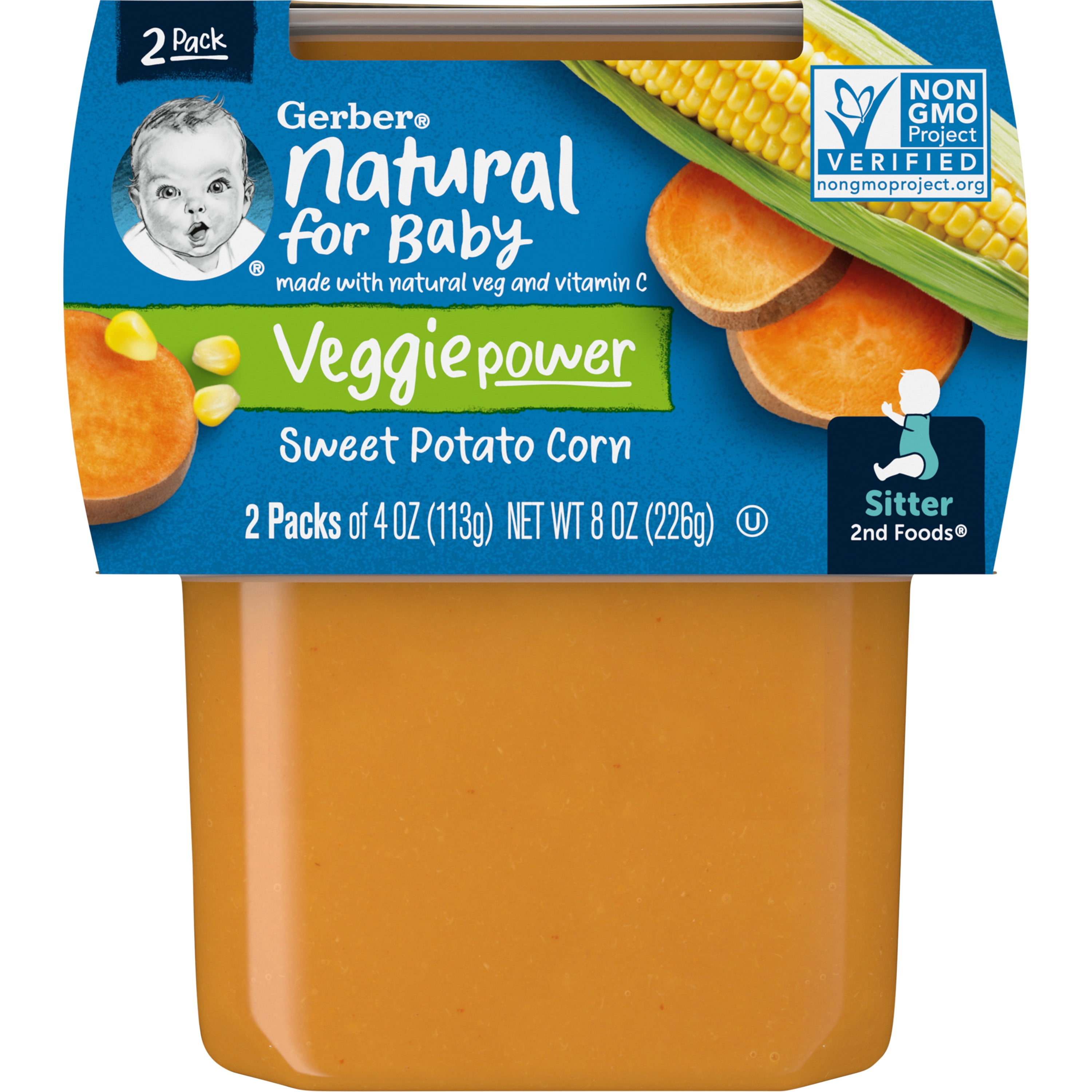 Gerber 2nd Foods Natural for Baby Veggie Power Baby Food, Sweet Potato Corn, 4 oz Tubs (2 Pack)
