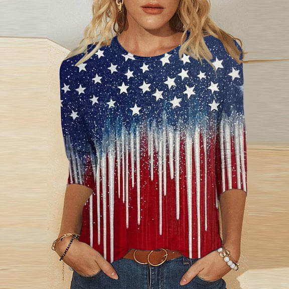 Vetsdori American Flag T Shirts for Women Summer Fourth of July Pullover Plus Size 3/4 Sleeve Casual Red White and Blue,Graphic Independence Day Ladies Tops Crew Neck