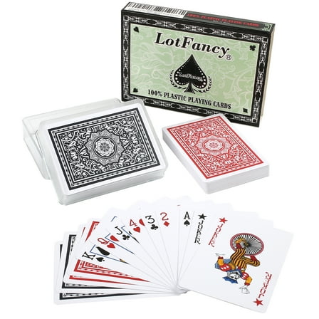 LotFancy 2 Decks Waterproof Plastic Playing Cards with Case, Poker Size Standard Index, Black & Red