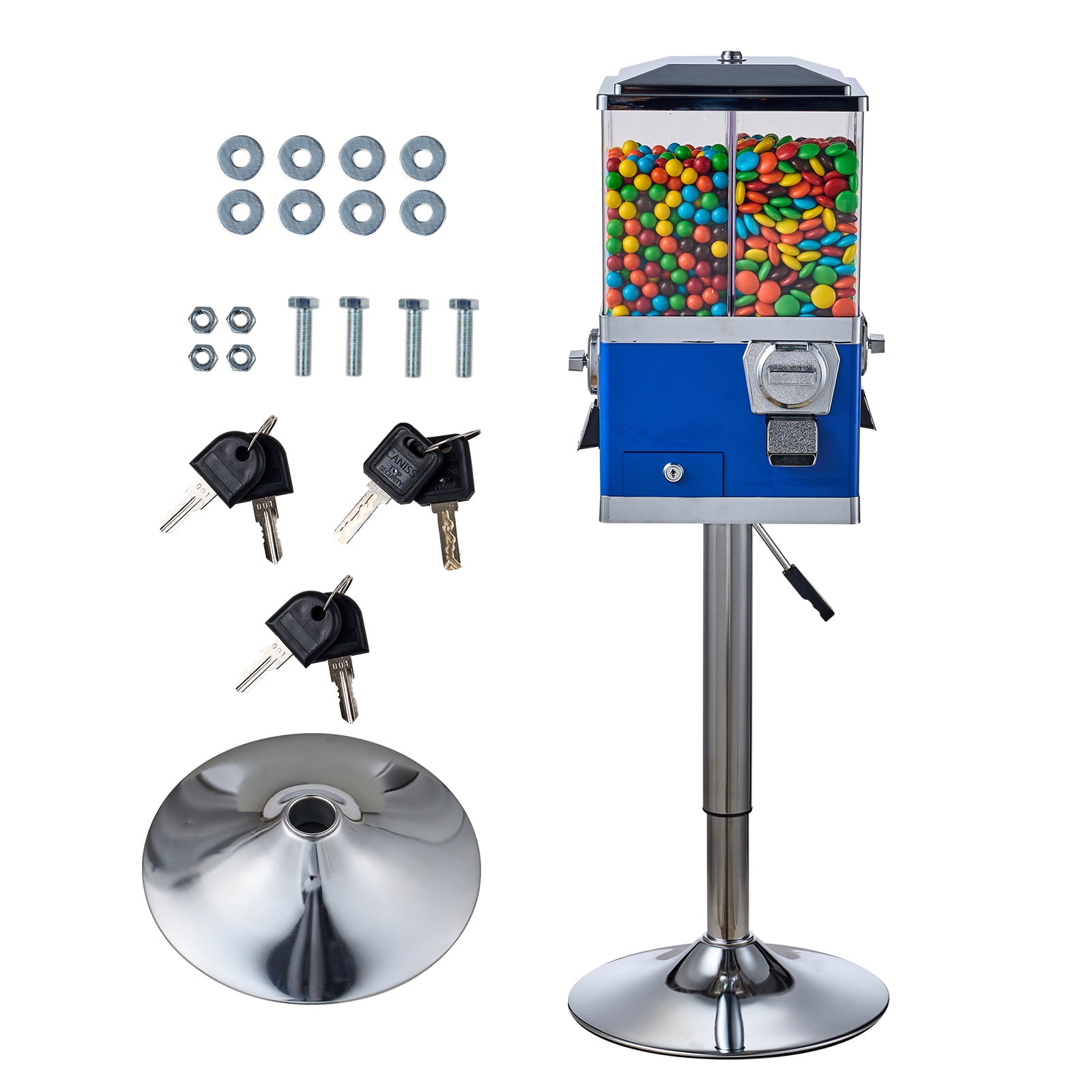 KFFKFF Industrial Candy Machine, Quad Section Swivel Sweet and Gumball Vendor, Modifiable Elevation Coin-Driven Candy Repository with Metal Base