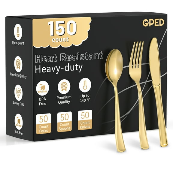 GPED 150 Count Gold Plastic Silverware Set, Heavy Duty Disposable Cutlery Set, Includes 50 Forks, 50 Spoons, 50 Knives, Heat Resistant & BPA Free Disposable Silverware for Party Supply