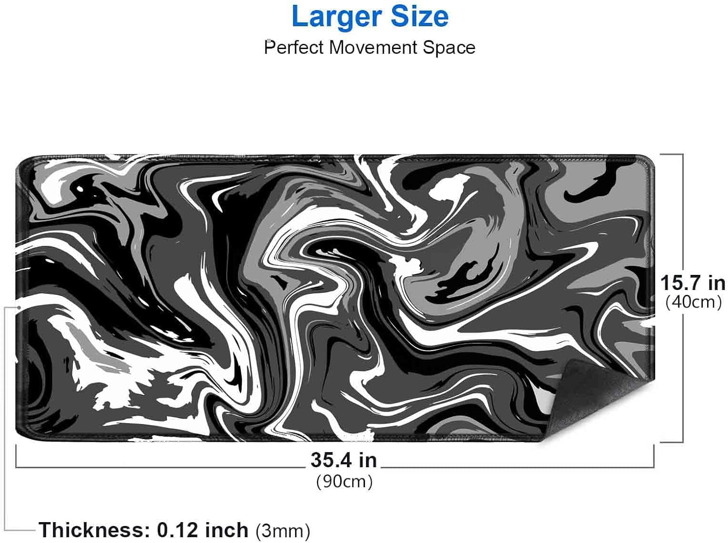 Desk Mat, Black White Ink Liquid Waves Pattern Extended Gaming Mouse Pad (35.4x15.7 in), Abstract Big Computer Large Mousepad, Full Desk Mouse Mat for Home Office Work