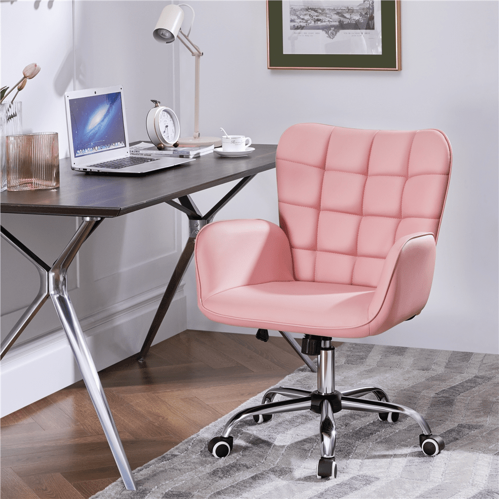Alden Design Modern Faux Leather Desk Chair with Mid-back Padded Armrests for Office, Pink