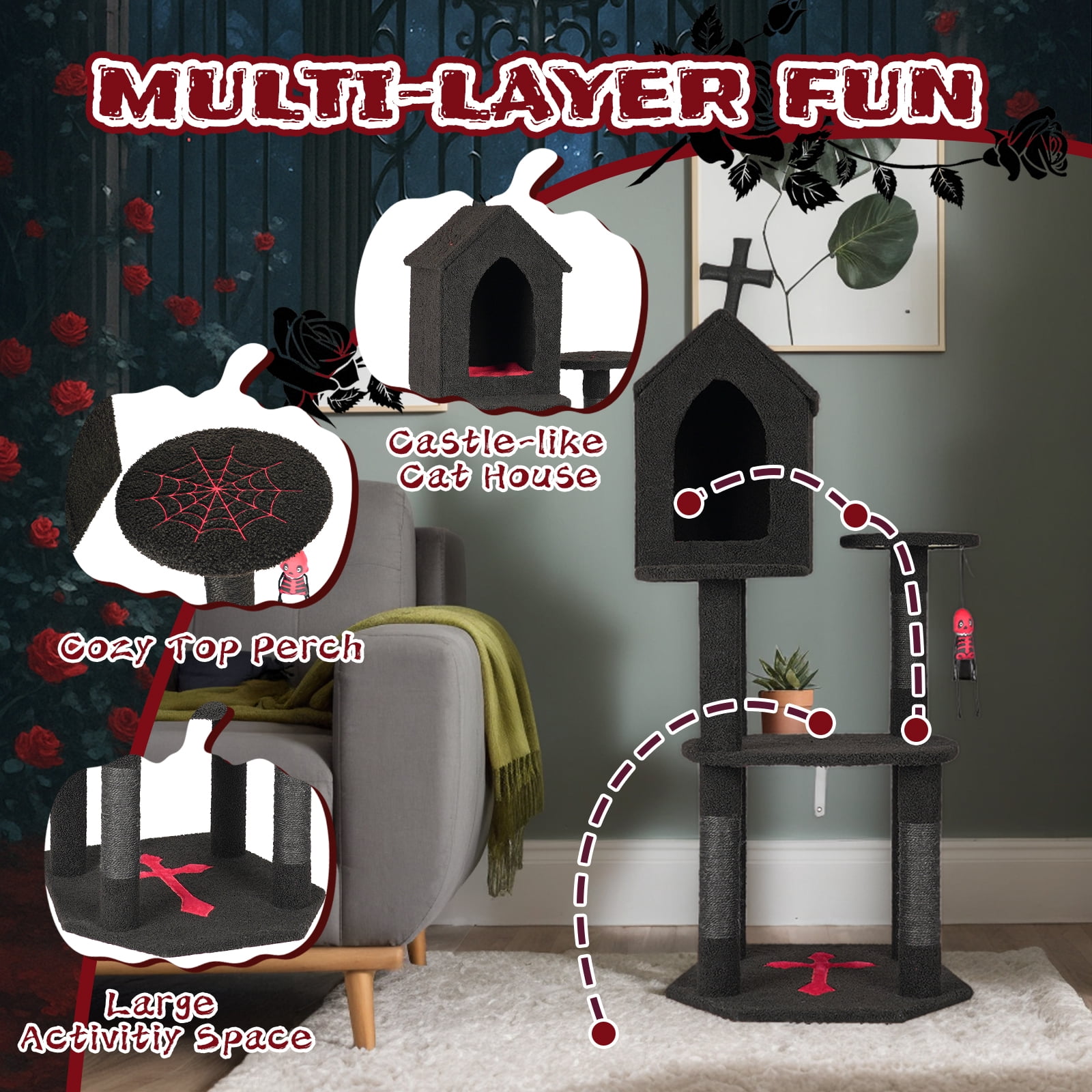 ZephyPaws 57" Gothic Cat Tower for Indoor Cats, Multi-Level Cat Tree with Large Condo, Scratching Posts, Cross Top Design, Hanging Toy & Plush Surfaces, Black and Red