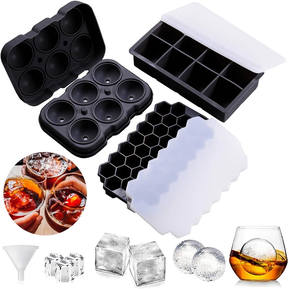 SKYCARPER Ice Cube Trays Silicone 3 Pack, Big Ice Ball Maker with Lid,Large Square Ice Cube Mold for Whiskey,Cocktail,Bourbon, Size: 3pc, Black