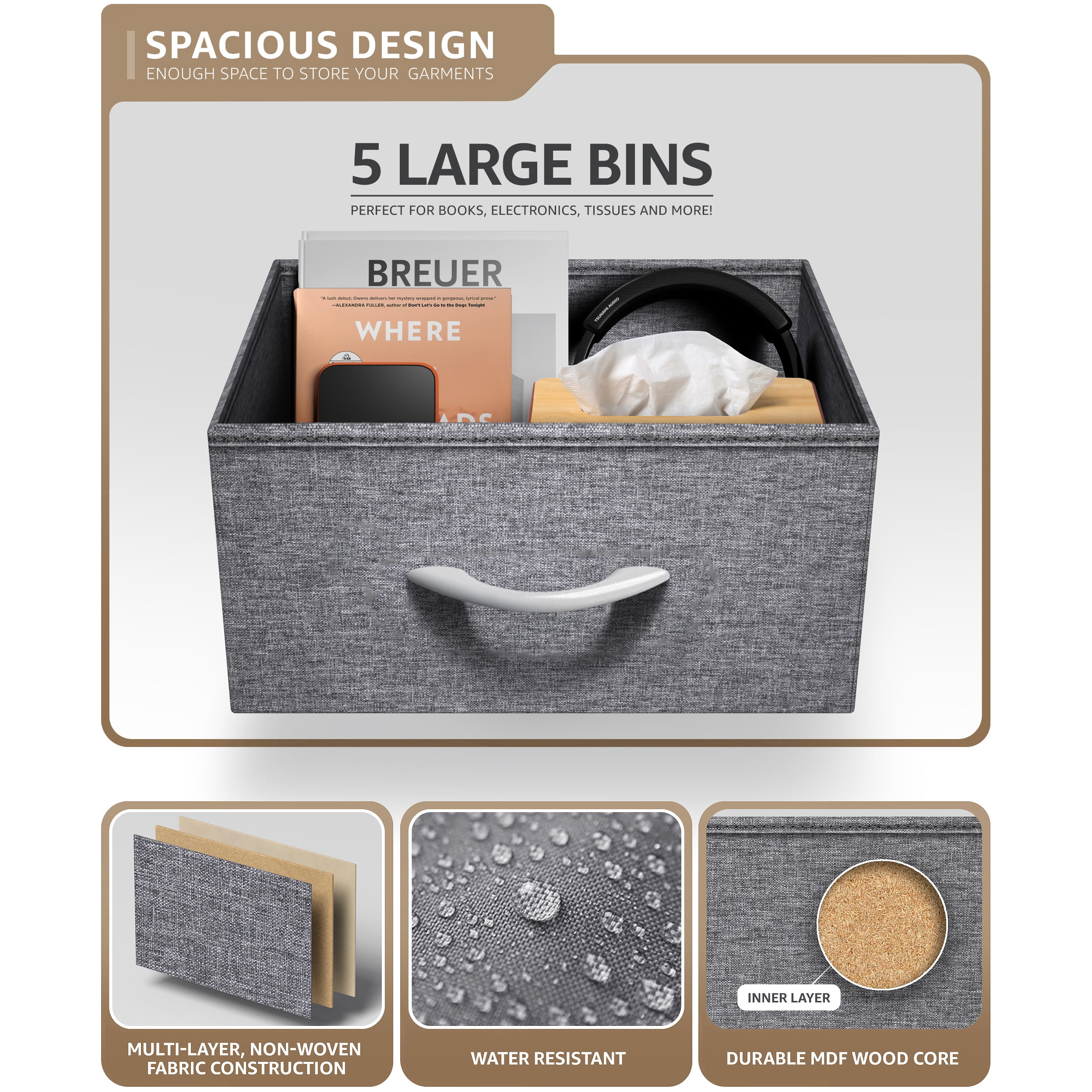 Sorbus Narrow 5-Drawer Dresser Nightstand, White/Gray, Steel Frame, Wood Top