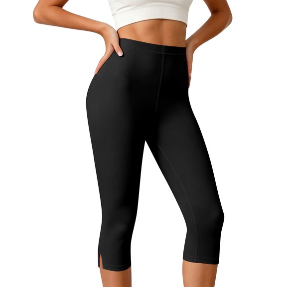 Pull on Capris for Women Elastic High Waist 3/4 Length Legging with Pockets Dressy Casual Work Side Slit Pants Black M