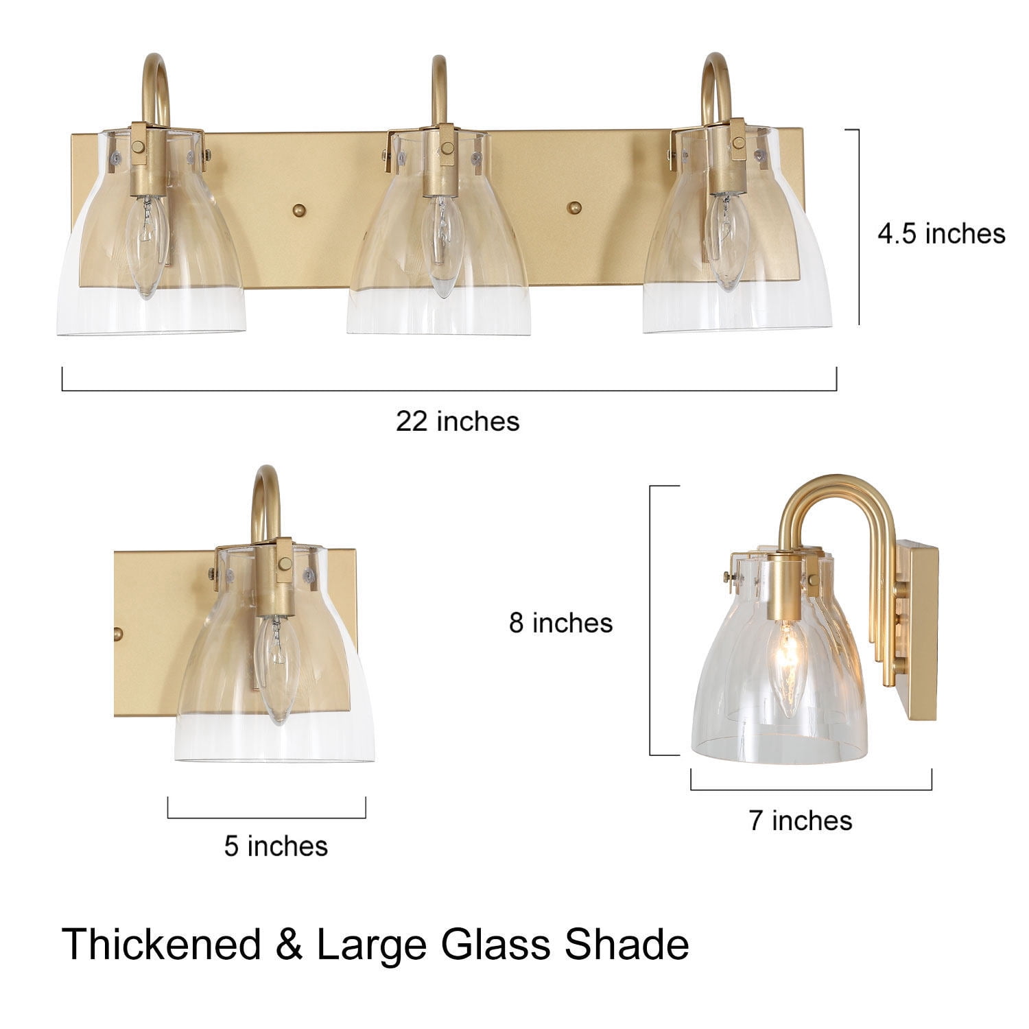 LNC 3-Light Gold Cylinder Clear Glass Modern Bathroom Vanity Lighting Fixutre