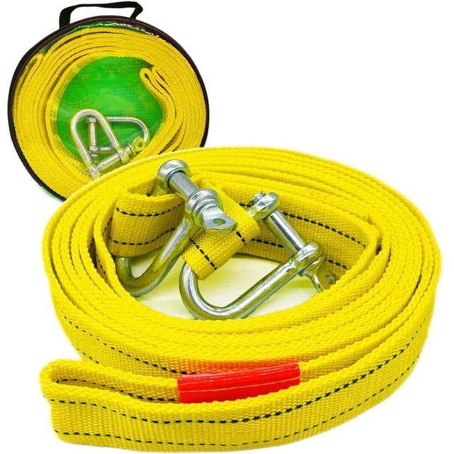 Heavy duty towing strap with two D-ring safety hooks for winch, 5 ton capacity and 5 m length.