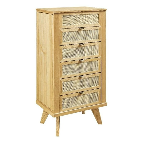 Linon Winnie 5-Drawer Wood & Cane Jewelry Armoire with Flip Top in Natural Brown