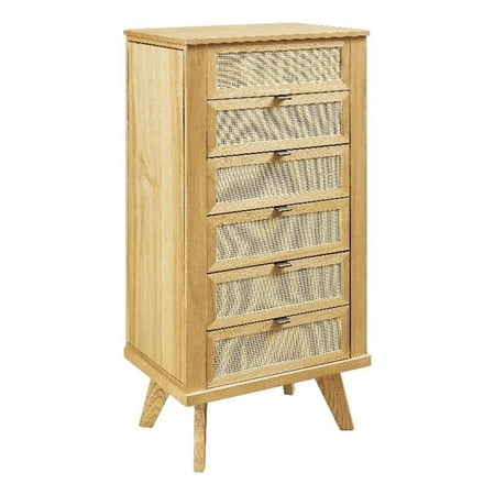 Pemberly Row 5-Drawer Wood & Cane Jewelry Armoire with Flip Top in Natural Brown