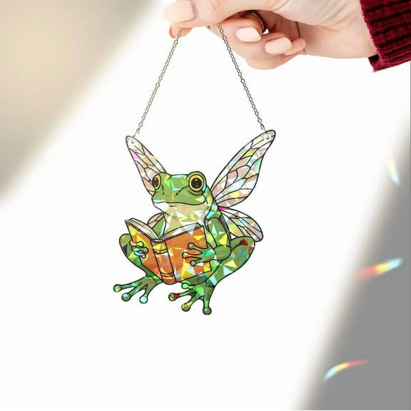 ViciArt Fairy Frog Suncatcher, 4" Acrylic Holographic Window Hanging, Green Stained Glass Style Decor