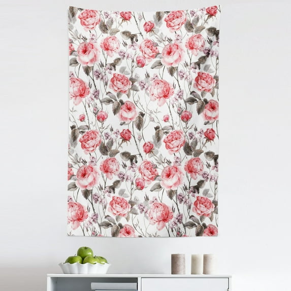 Rose Tapestry, Classic Vintage Floral Pattern Watercolor Style Bouquet of English Roses Wildflowers, Fabric Wall Hanging Decor for Bedroom Living Room Dorm, 5 Sizes, Coral Taupe, by Ambesonne