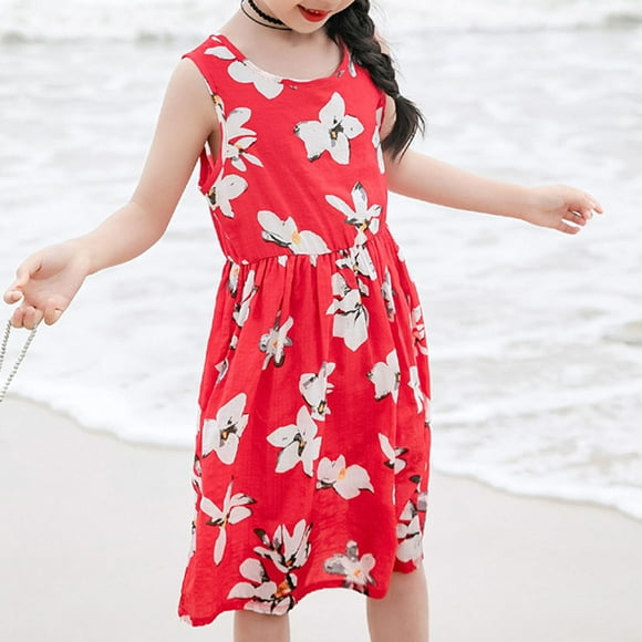 EQWLJWE Summer Savings Clearance! Summer Preschool Sleeveless Dress Plant Printed Children's Dress Party Dress Beach Dress 3-15 Years