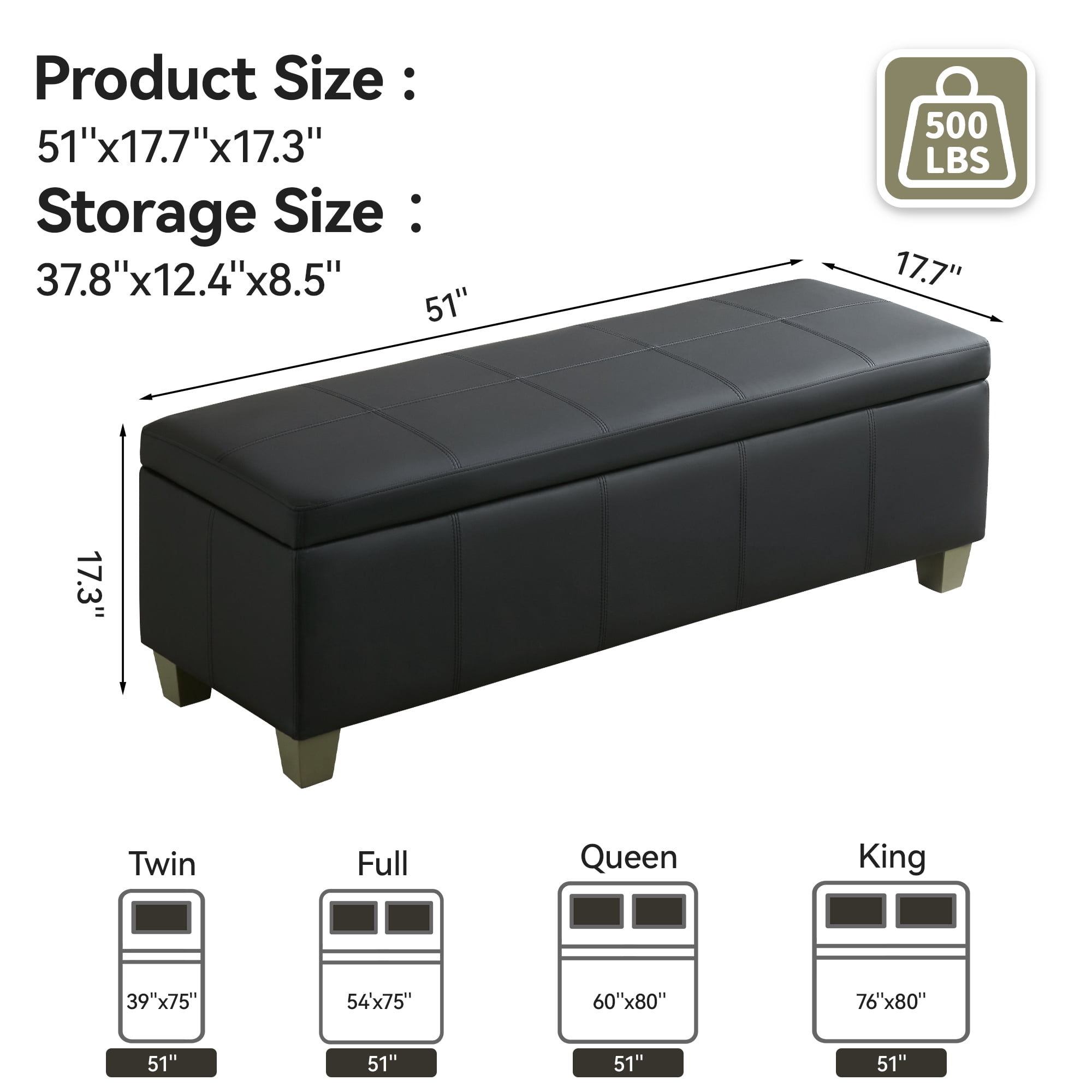 51" Faux Leather Storage Ottoman Bench with Wooden Legs, Tufted Upholstered Seat, Sturdy & Spacious for Bedroom, Entryway, Living Room, Dark Black