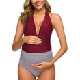 thumbnail image 1 of Maillots de Maternité une Pièce à Rayures, Maillot de Bain à Tour de Cou, Monokini à Col en V Profond, Taille Haute, Rouge (L, 1 of 8