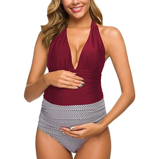 Maillots de Maternité une Pièce à Rayures, Maillot de Bain à Tour de Cou, Monokini à Col en V Profond, Taille Haute, Rouge (L