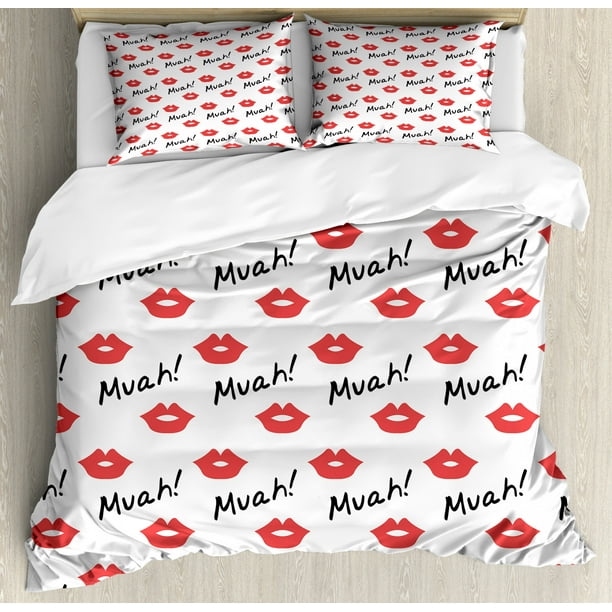 Kiss Duvet Cover Set, Red Woman Lips Kiss Marks Pattern Romance Feminine Graphic Sweet