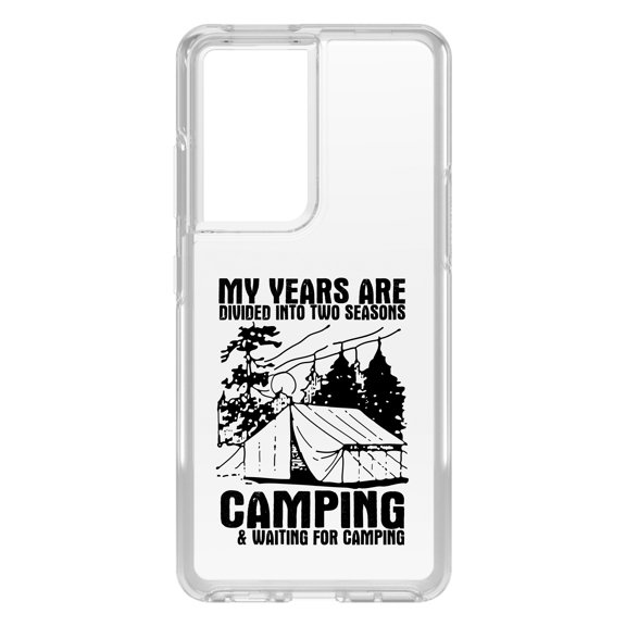 DistinctInk Clear Shockproof Hybrid Case for Galaxy S21 ULTRA 5G (6.8" Screen) - TPU Bumper Acrylic Back Tempered Glass Screen Protector - Two Seasons - Camping, Waiting for Camping