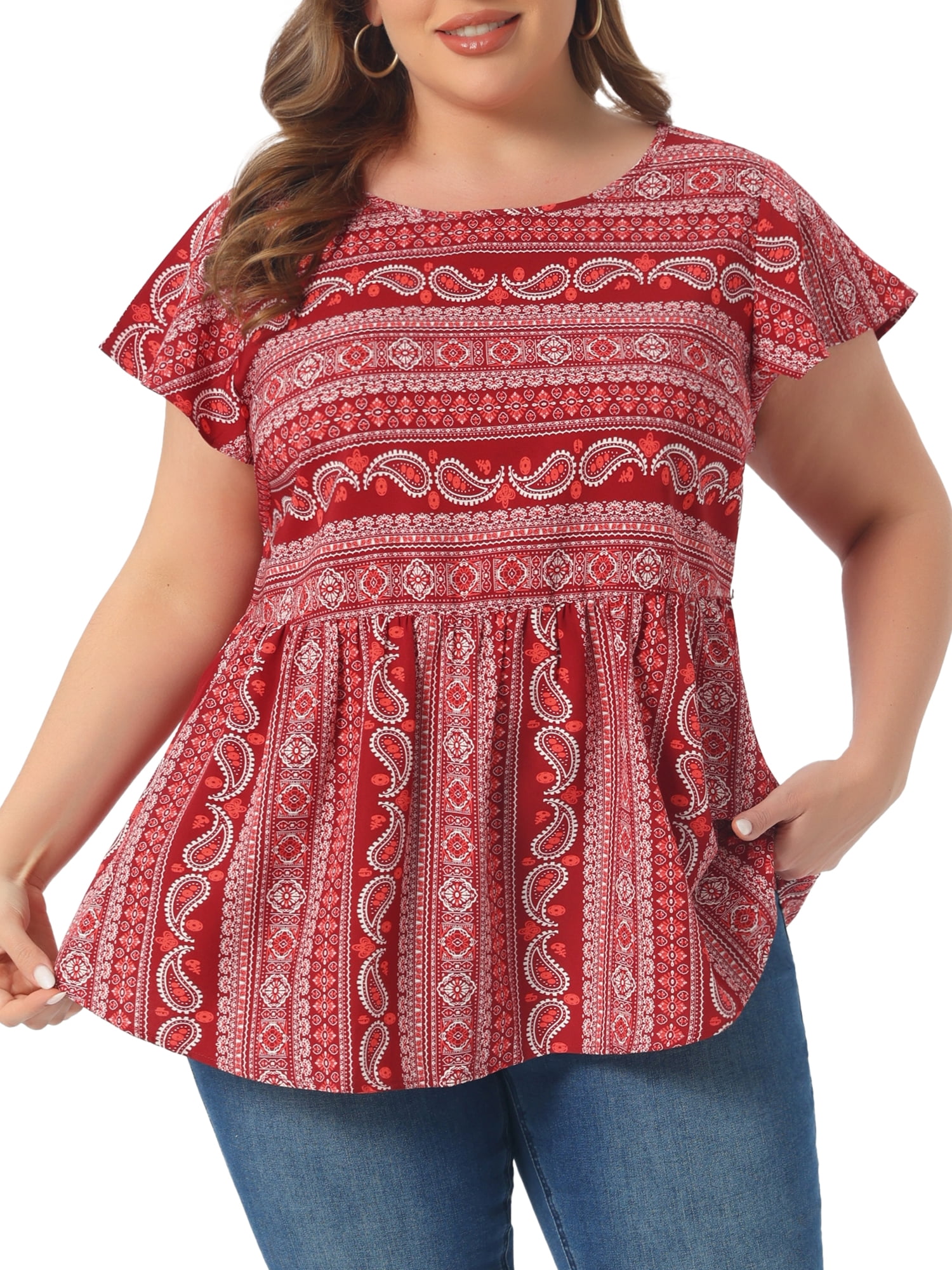 DARING DIVA Women's Plus Top Boho Floral Round Neck Ruffle Sleeve Blouses 2X Burgundy