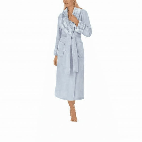 Carole Hochman Women's Long Plush Wrap Robe with Patch Pockets, Blue Small