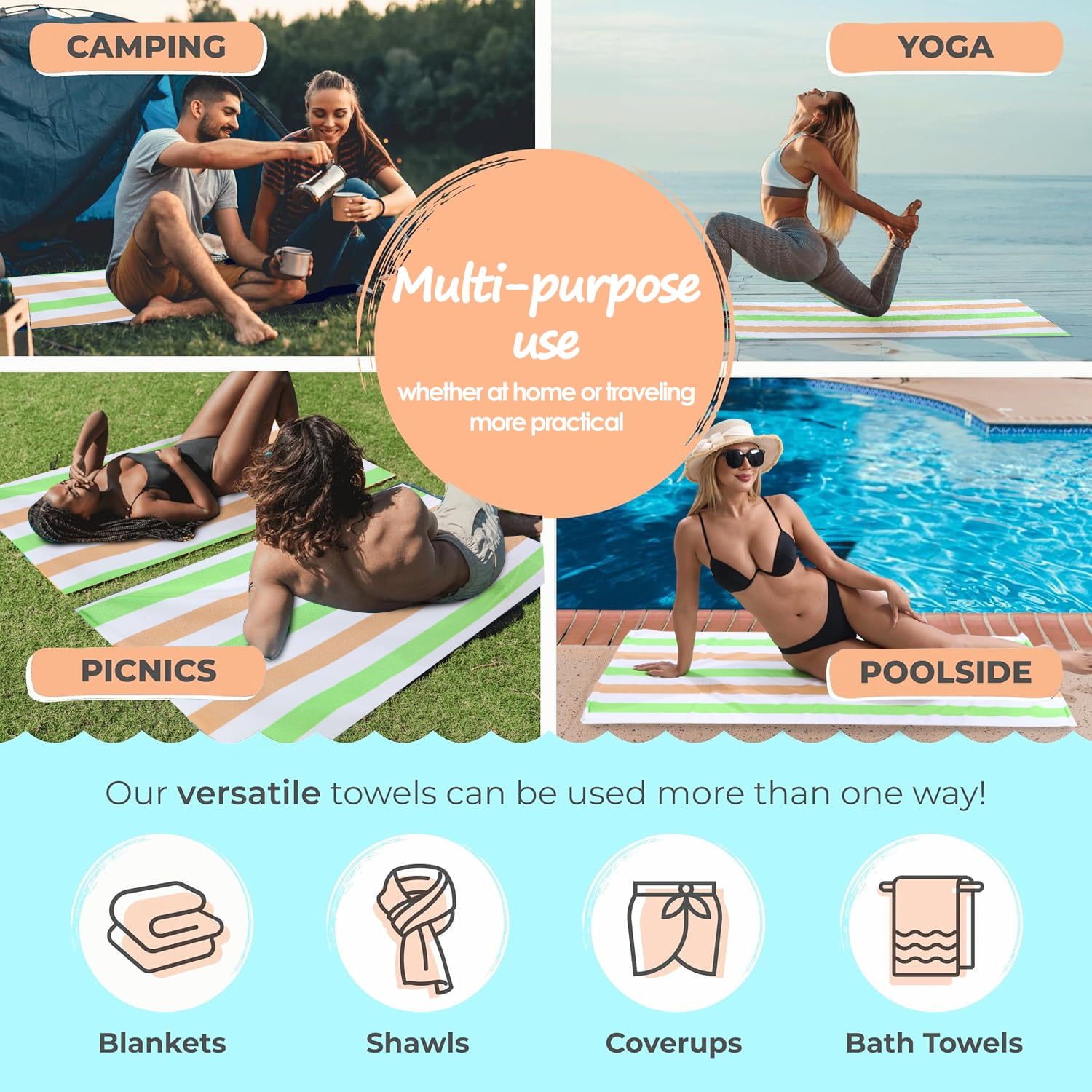 Beartech 4 Pack Oversized Microfiber Beach Towel, 30x60 inches Super Absorbent Quick Dry Camping Travel Towels Lightweight Outdoor Large Swim Towel for Adults Green
