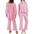 thumbnail image 3 of Womens Plaid Pajamas Sets 2 Piece Cotton Pj Set Puff Sleeve Ruffle Babydoll Shirt Gingham Pants Lounge Sets Pink L, 3 of 7