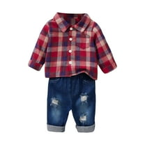 Xudanell Toddler Boy Outfits Jeans Outfits Kids Plaid Shirt Jeans Suit for Fall Outfits Baby Boy Clothes Red 6-9 Months