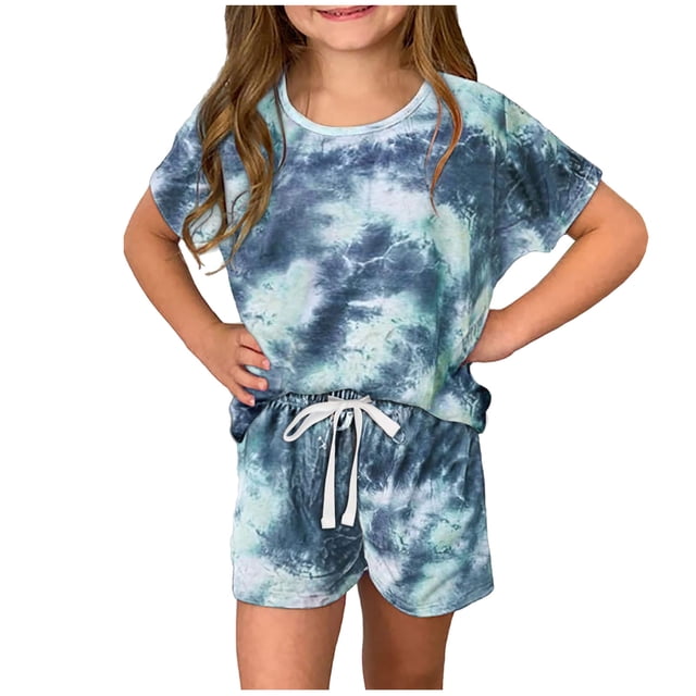 IFNWSV Ensembles d'Été pour Filles Mode Garçons Décontracté Manches Courtes Col Rond Col Bouton Imprimé Ensembles de Shorts 7-8 Ans