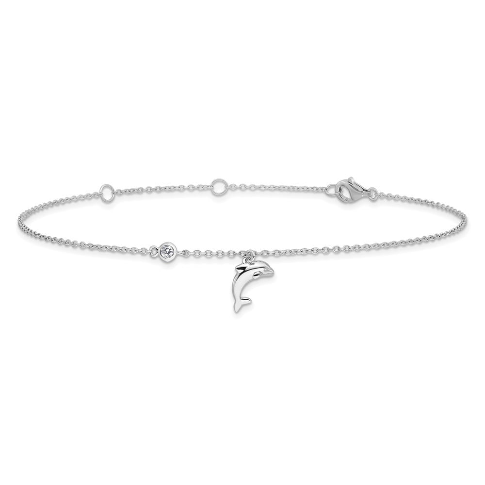 Auriga Fine Jewelry 925 Sterling Silver Rh-plated Polished CZ Dolphin 9 inch with a 2 inch Extention Anklet for Women