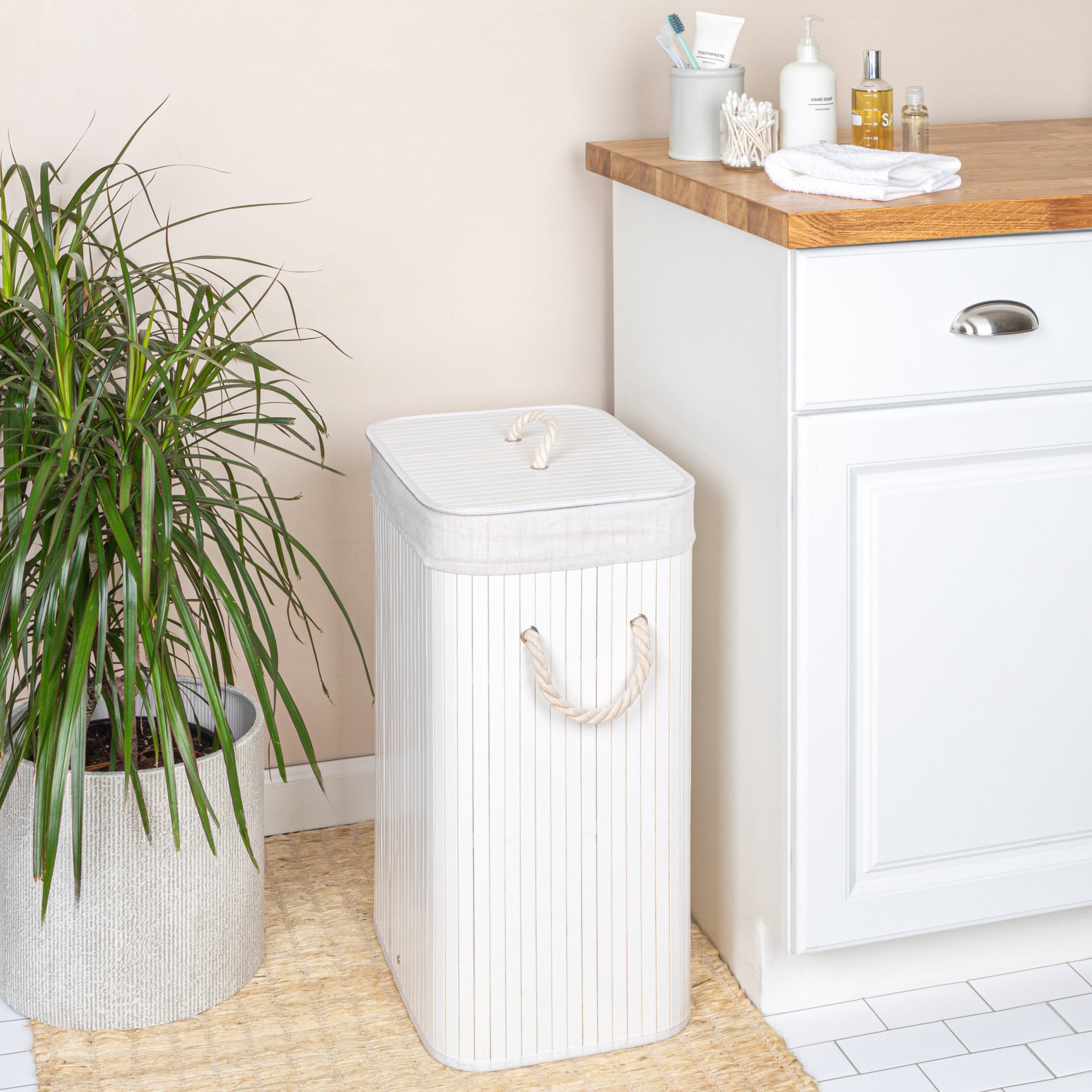 Household Essentials Bamboo Laundry Hamper with Rope Handles, Lid and Removable Machine Washable Laundry Bag, 19-Gallons, White