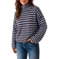 thumbnail image 6 of Venzia Women Striped Full‑Zip Cropped Sweater, Stand Collar Ribbed Knit Zip‑Up Cardigan Jacket, 6 of 8