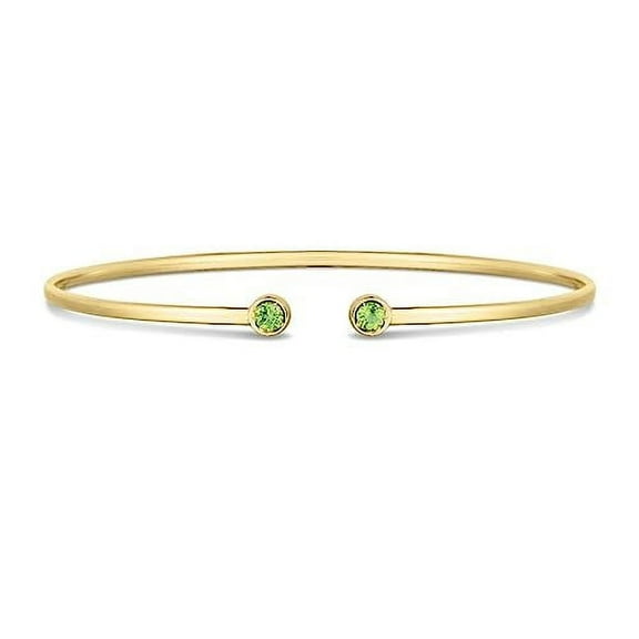 JewelStop 14K Yellow Gold 2mm Round Peridot Open Cuff Bangle with Polished Finish - 3.2gr