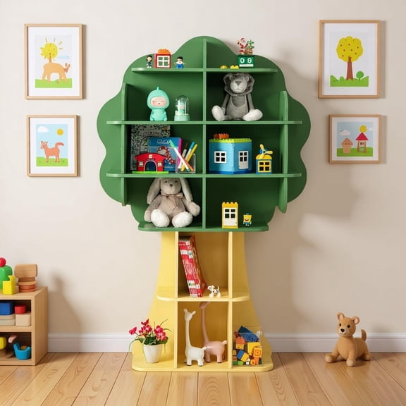 35in Green Kids Bookshelf 4 Tier Open Storage Shelves Toy Organizer for Children 3-12 Years Old MDF Wood Bookcase Anti Tip Device Rounded Corners for Bedroom Playroom Kindergarten Classroom Decor