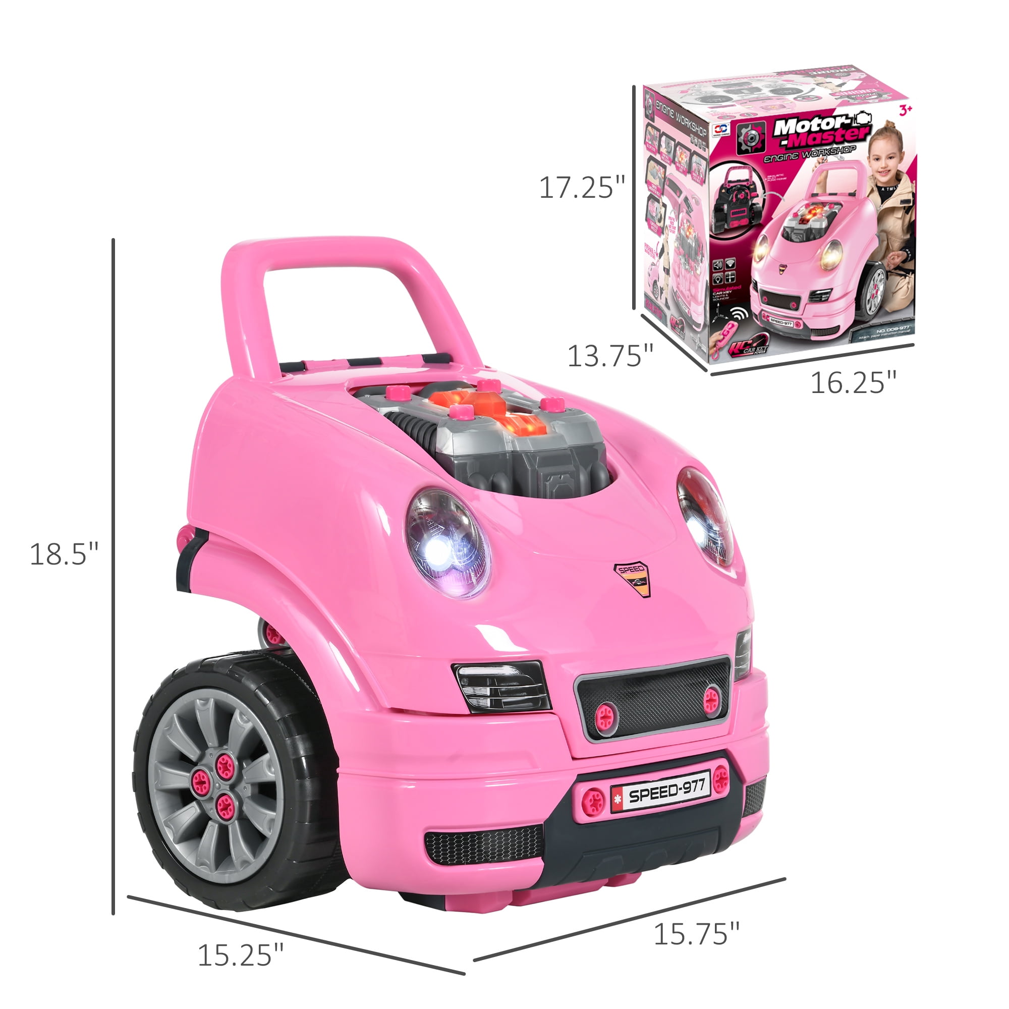 Qaba Mechanic Kids Truck Engine Toy Set, Car Service Play Set, Pink