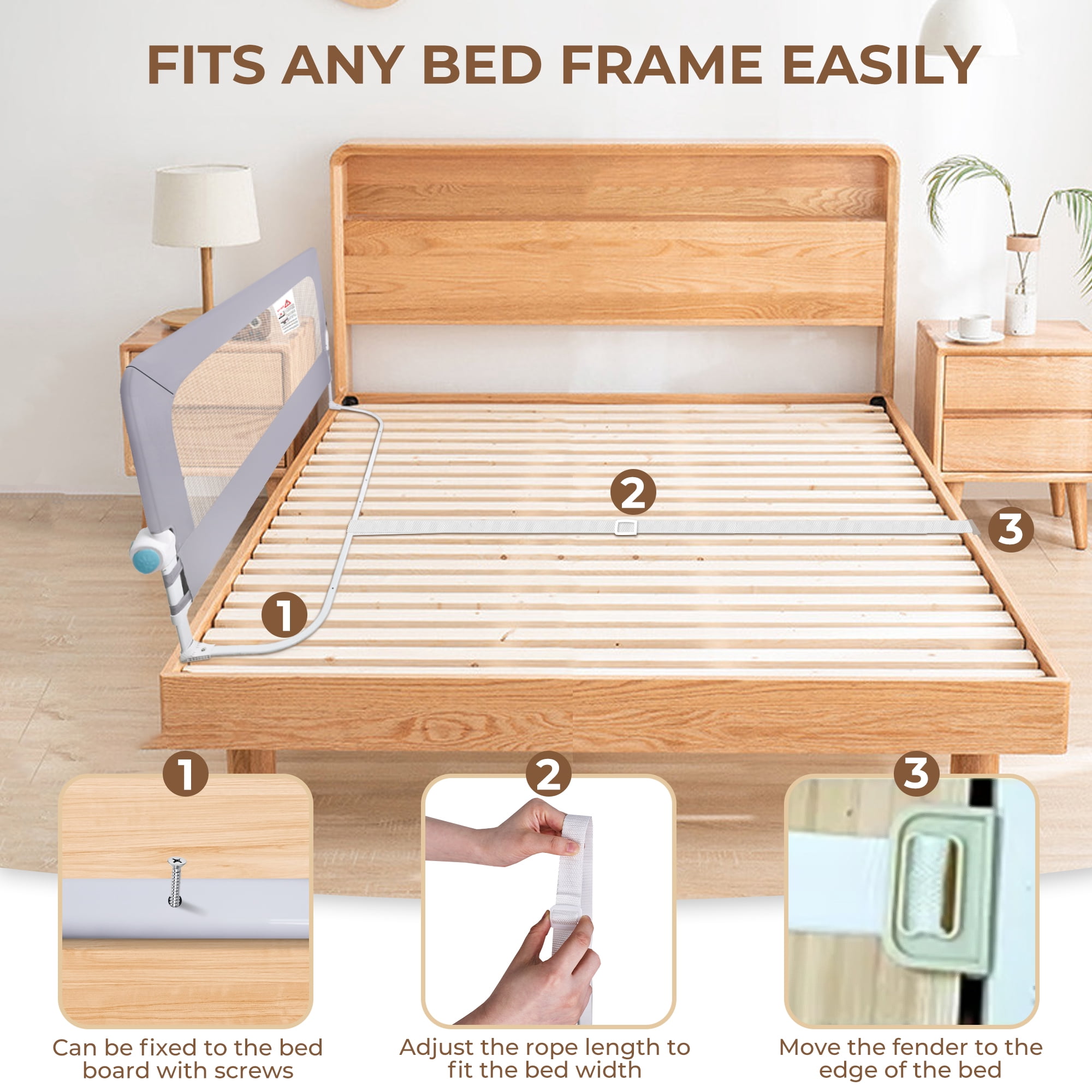 RUPOUN Toddler Bed Rail for Kids, Swing Down Safety Guardrail, Universal Fit for Full, Queen and Adult Mattresses, Easy Installation