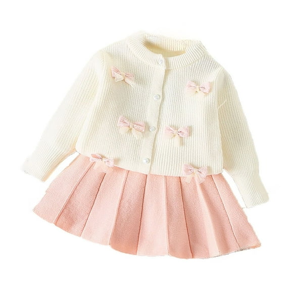 VNKIDY Girls Bow Cardigan Sweater Autumn Winter New Baby Fashion Knitted Coats Casual Sweater Dress Outfits Sets Birthday