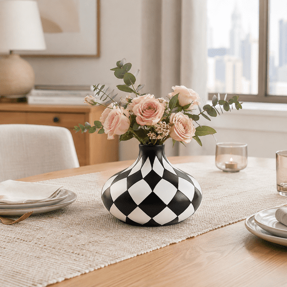 Black and White Checkered Vase, 6.1 in Harlequin Decorative Flower Vase for Fresh, Dried & Artificial Flowers, Modern Tabletop Home Decor