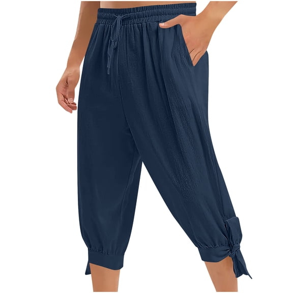 cocolona Mens Summer Casual Linen Capri Pants Solid Color Elastic Waist Drawstring Cropped Jogger Pants with Pockets