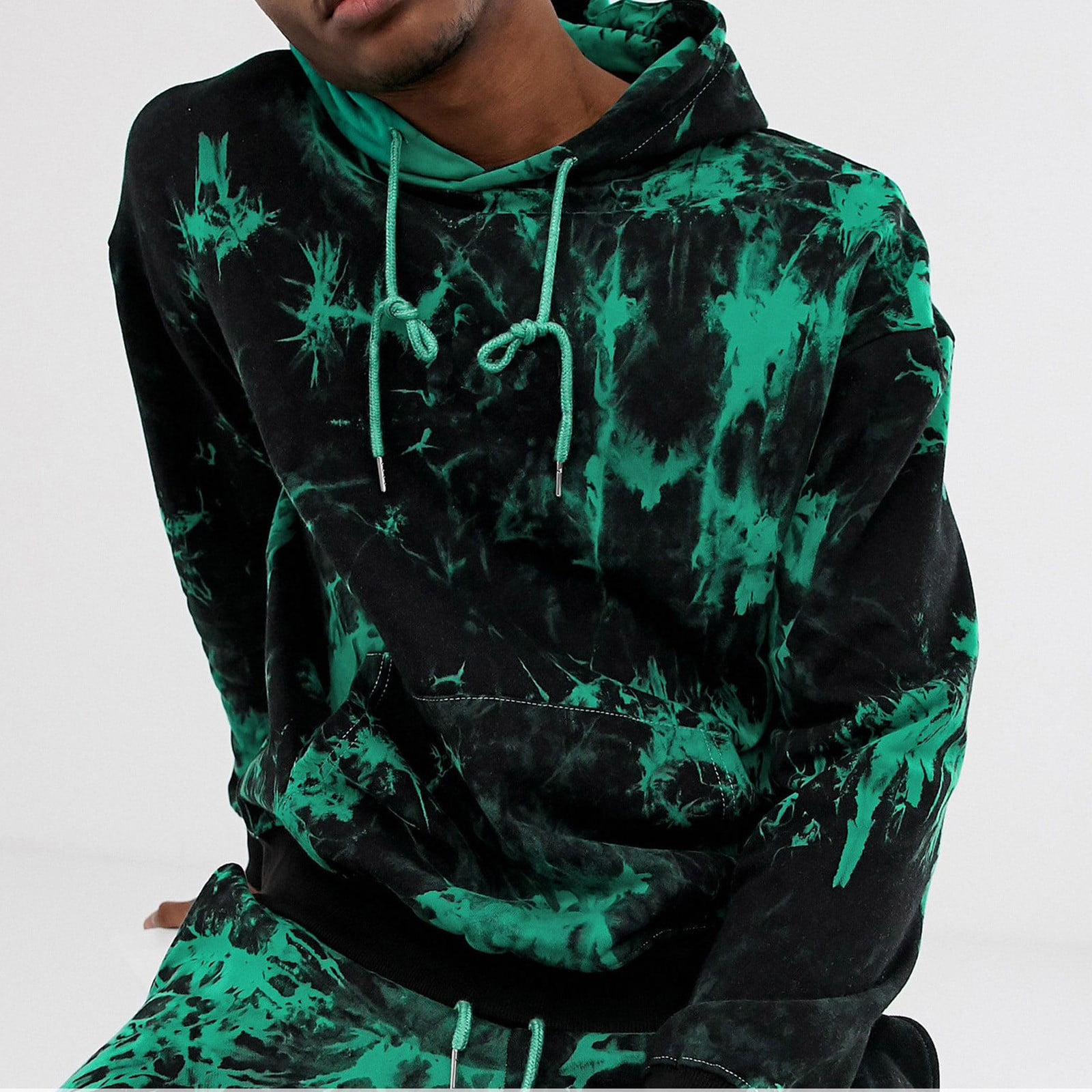 Lisingtool Hoodies For Men Mens Casual Color Block Tie-Dye Pullover Hooded Sweatshirt With Pocket Green