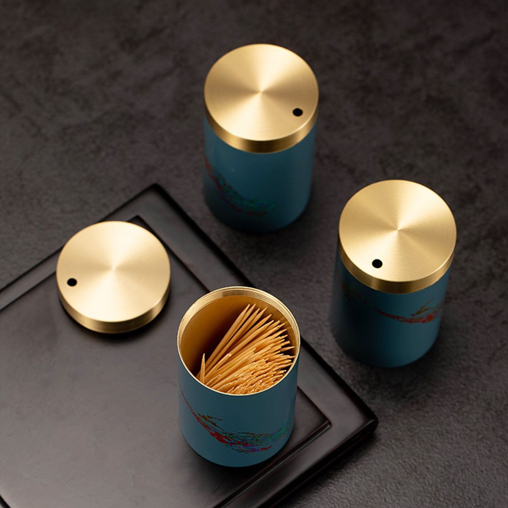 Brass Toothpick Holder Tooth Picks Dispenser Container for Table Hotel Restaurant, Blue