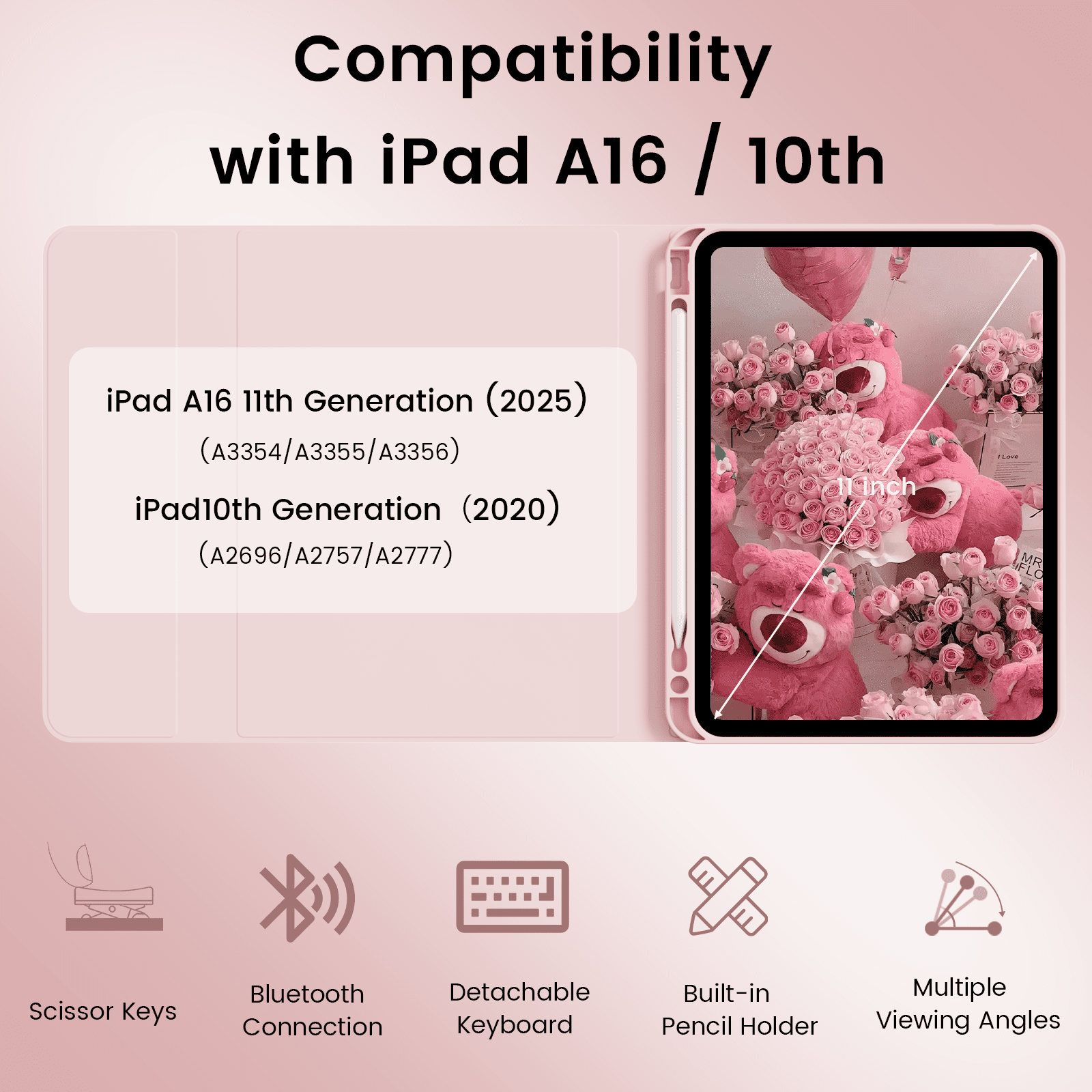 SZPSGC for iPad A16 11th 10th Generation Case with Keyboard, Soft TPU Back Cover with Pencil Holder, Magnetically Detachable Folio Keyboard case for iPad 11th Gen 11 Inch/10th Gen 10.9 Inch,Pink