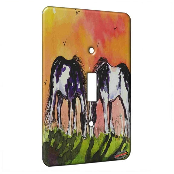 KuzmarK™ Single Gang Toggle Switch Wall Plate - Piebald Gypsy Horses at Sundown Horse Art by Denise Every