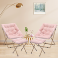 thumbnail image 4 of Set of 2 Folding Saucer Chair with Ottoman, Faux Fur Moon Chair and Footrest with Metal Frame, Foldable Lounge Chair and Foot Stool Set, Light Pink, 4 of 6